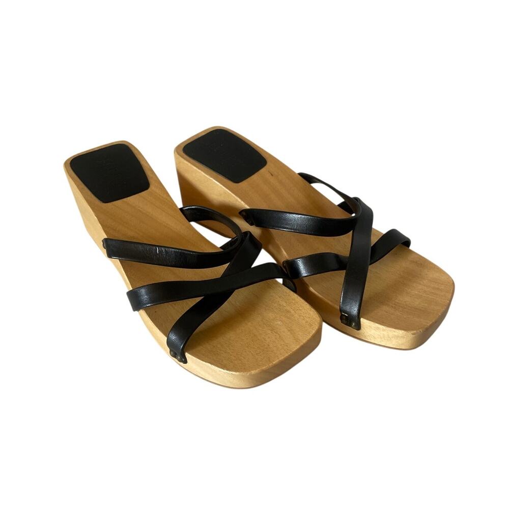 J. Crew Black Italian Leather Retro Wooden Strappy Sandals • Y2K • Size 8